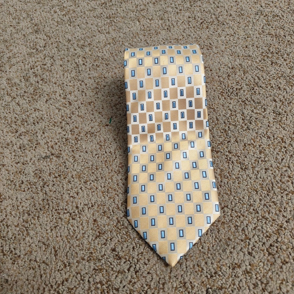 Henry Jacobson Necktie Mens 58 Inch Yellow Gold Woven Plaid Luxury Handmade Silk